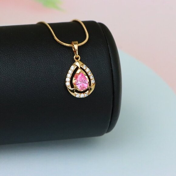"Teardrop Pink Stone Pendant with Sparkling Accents in Gold Finish, XPPT1799 - Picture 8 of 13